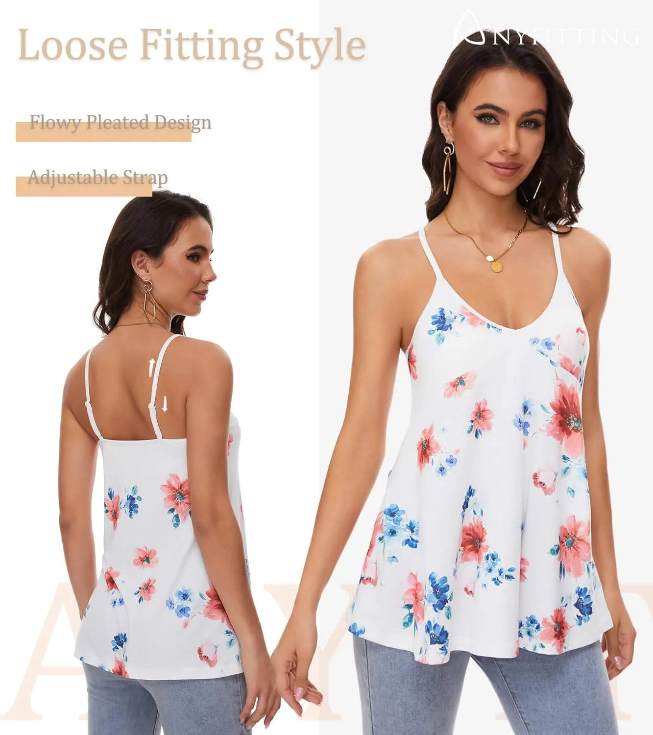 V Neck Strappy Tank Top with Removable Built in Bra Cup Summer Flowy Pleated Sleveless Shirt Adjsutbale Strap Blouse S-3XL