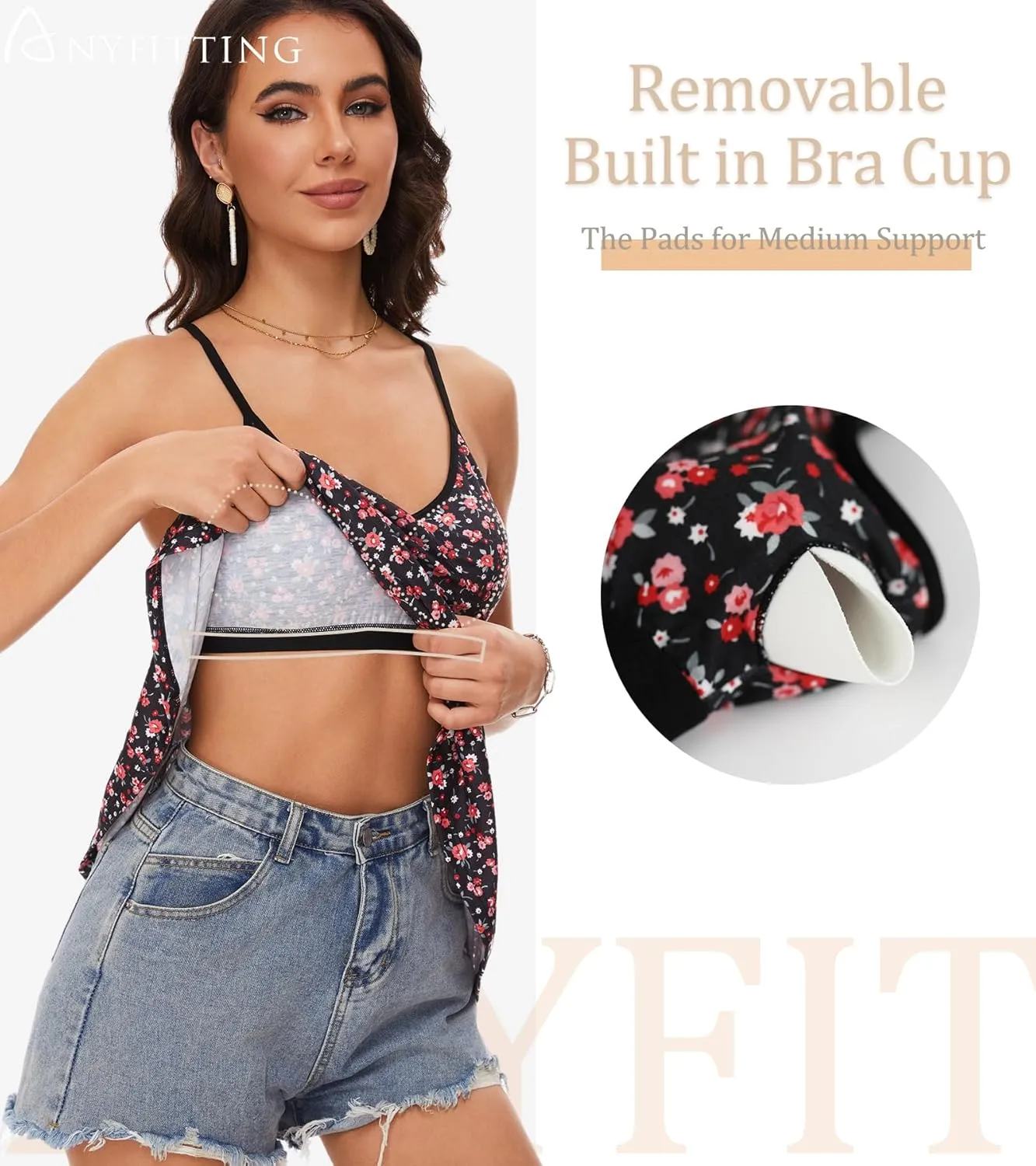 V Neck Strappy Tank Top with Removable Built in Bra Cup Summer Flowy Pleated Sleveless Shirt Adjsutbale Strap Blouse S-3XL
