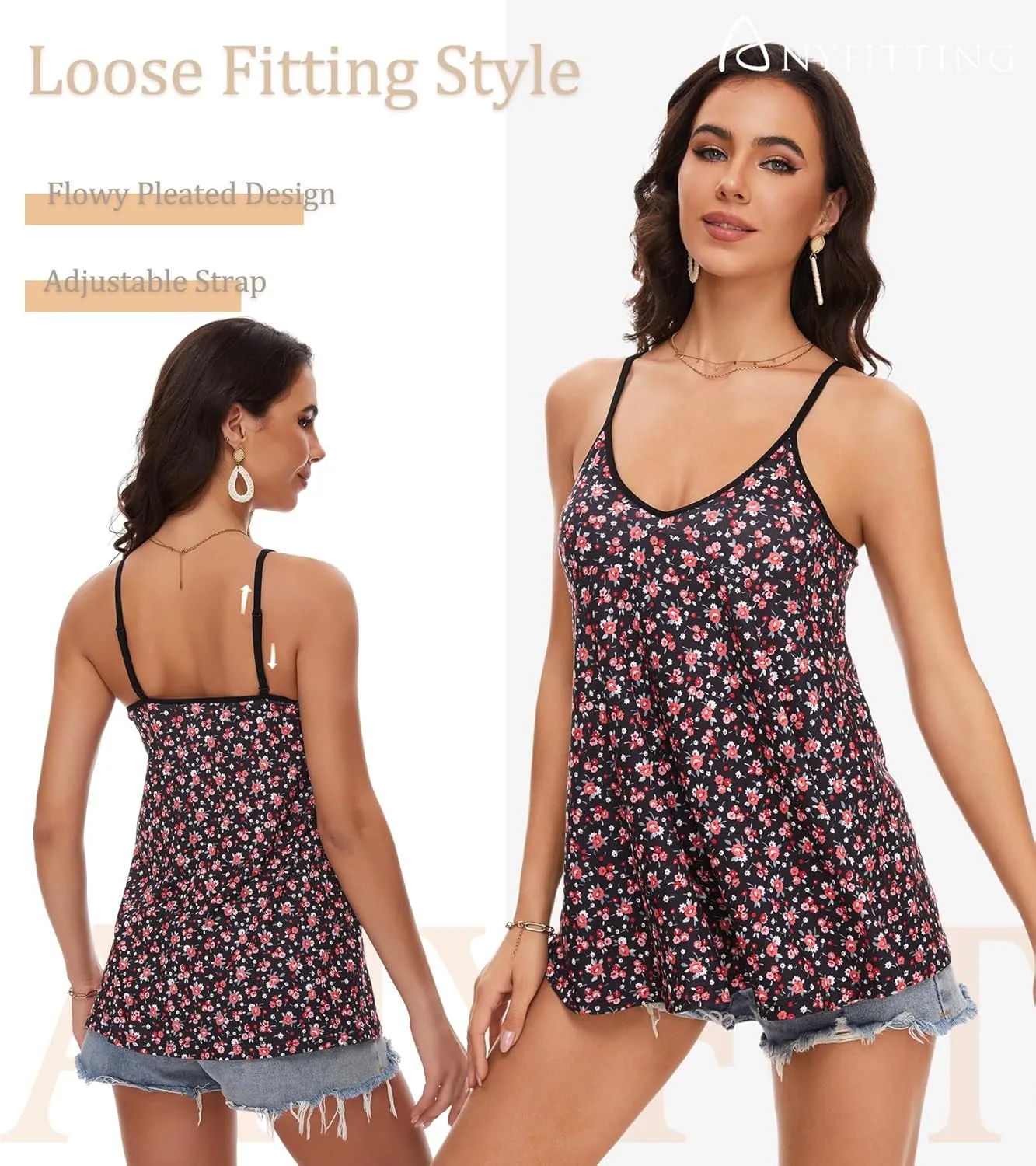 V Neck Strappy Tank Top with Removable Built in Bra Cup Summer Flowy Pleated Sleveless Shirt Adjsutbale Strap Blouse S-3XL