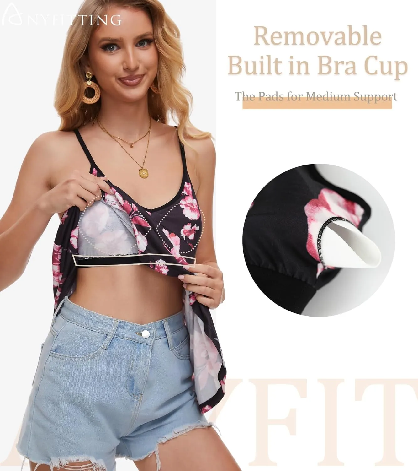 V Neck Strappy Tank Top with Removable Built in Bra Cup Summer Flowy Pleated Sleveless Shirt Adjsutbale Strap Blouse S-3XL
