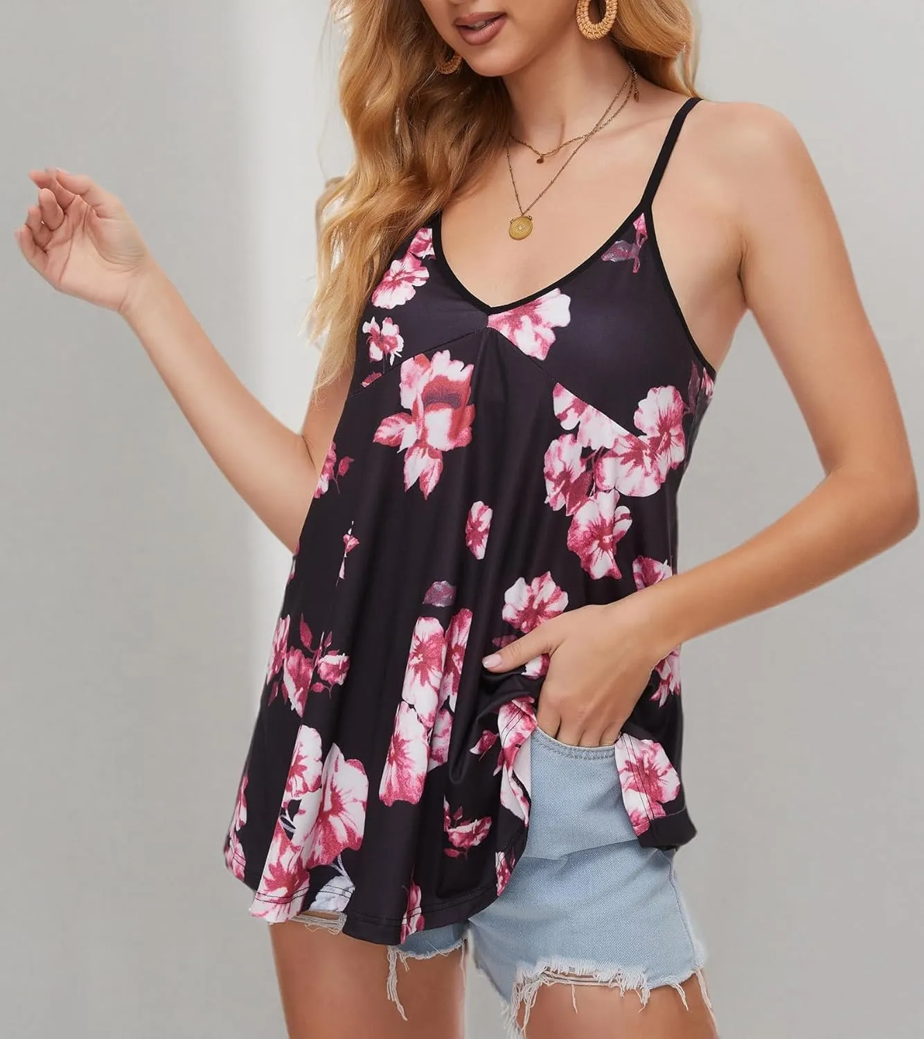 V Neck Strappy Tank Top with Removable Built in Bra Cup Summer Flowy Pleated Sleveless Shirt Adjsutbale Strap Blouse S-3XL