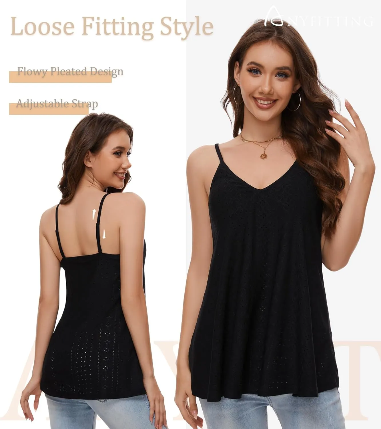 V Neck Strappy Tank Top with Removable Built in Bra Cup Summer Flowy Pleated Sleveless Shirt Adjsutbale Strap Blouse S-3XL