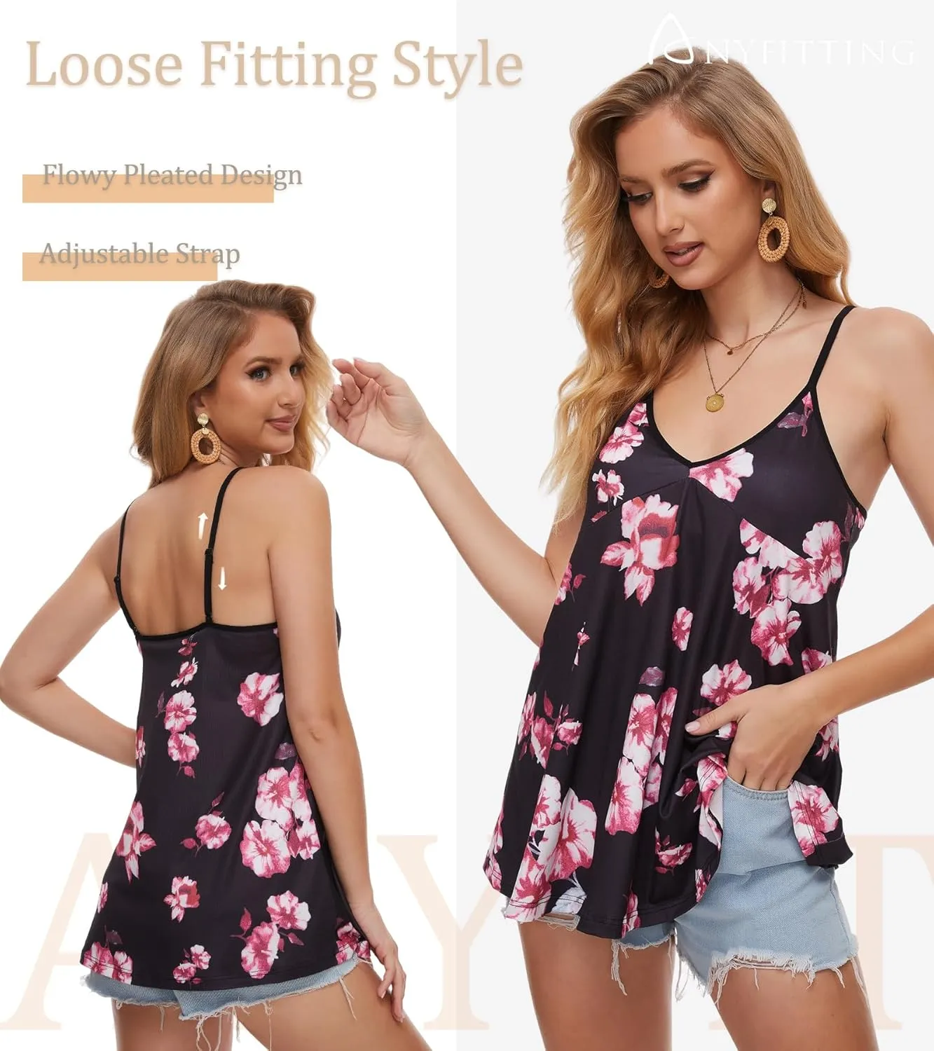 V Neck Strappy Tank Top with Removable Built in Bra Cup Summer Flowy Pleated Sleveless Shirt Adjsutbale Strap Blouse S-3XL