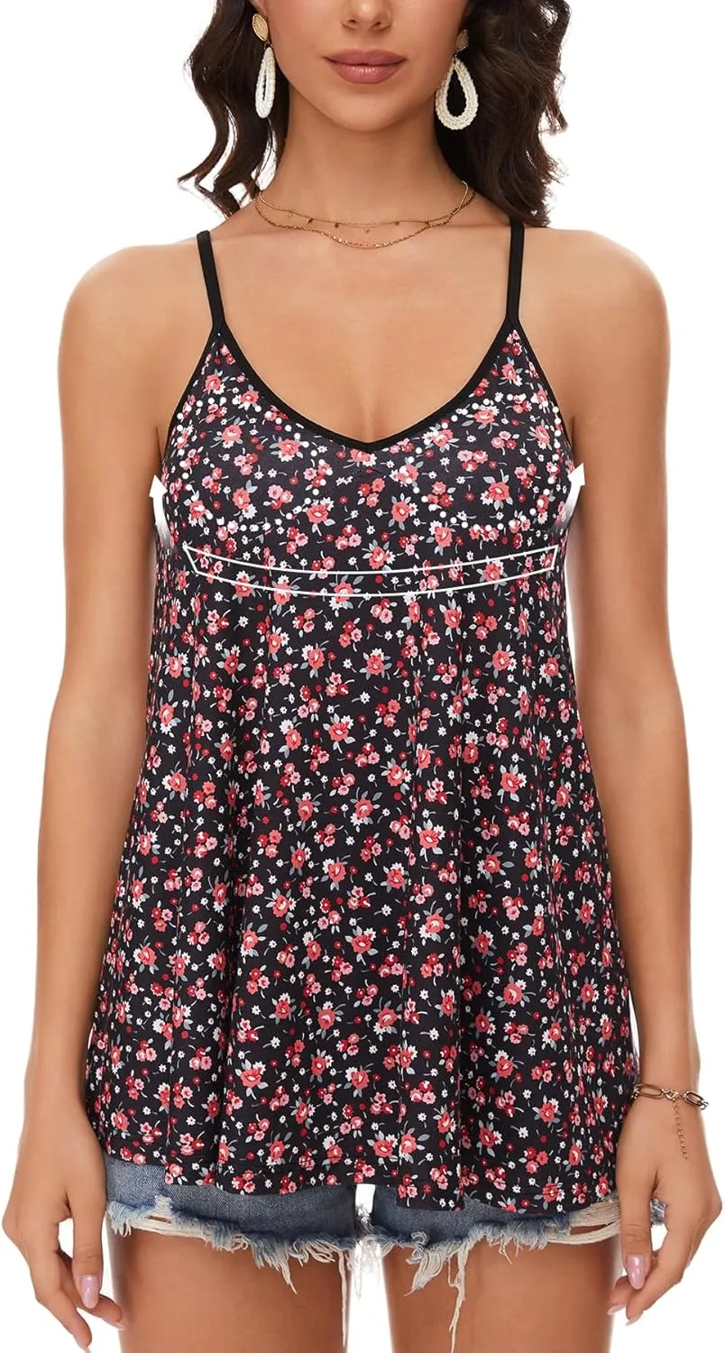 V Neck Strappy Tank Top with Removable Built in Bra Cup Summer Flowy Pleated Sleveless Shirt Adjsutbale Strap Blouse S-3XL