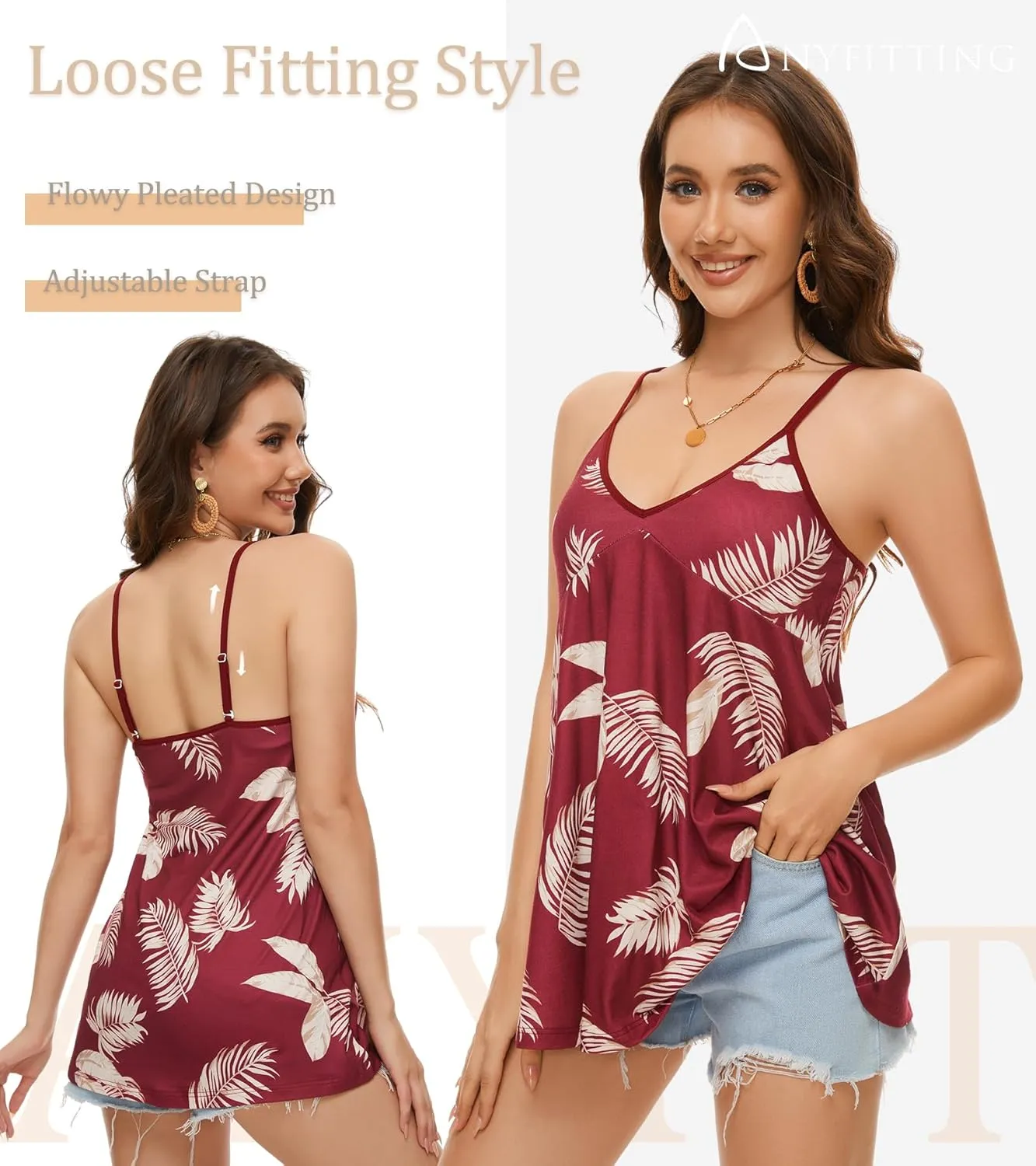 V Neck Strappy Tank Top with Removable Built in Bra Cup Summer Flowy Pleated Sleveless Shirt Adjsutbale Strap Blouse S-3XL