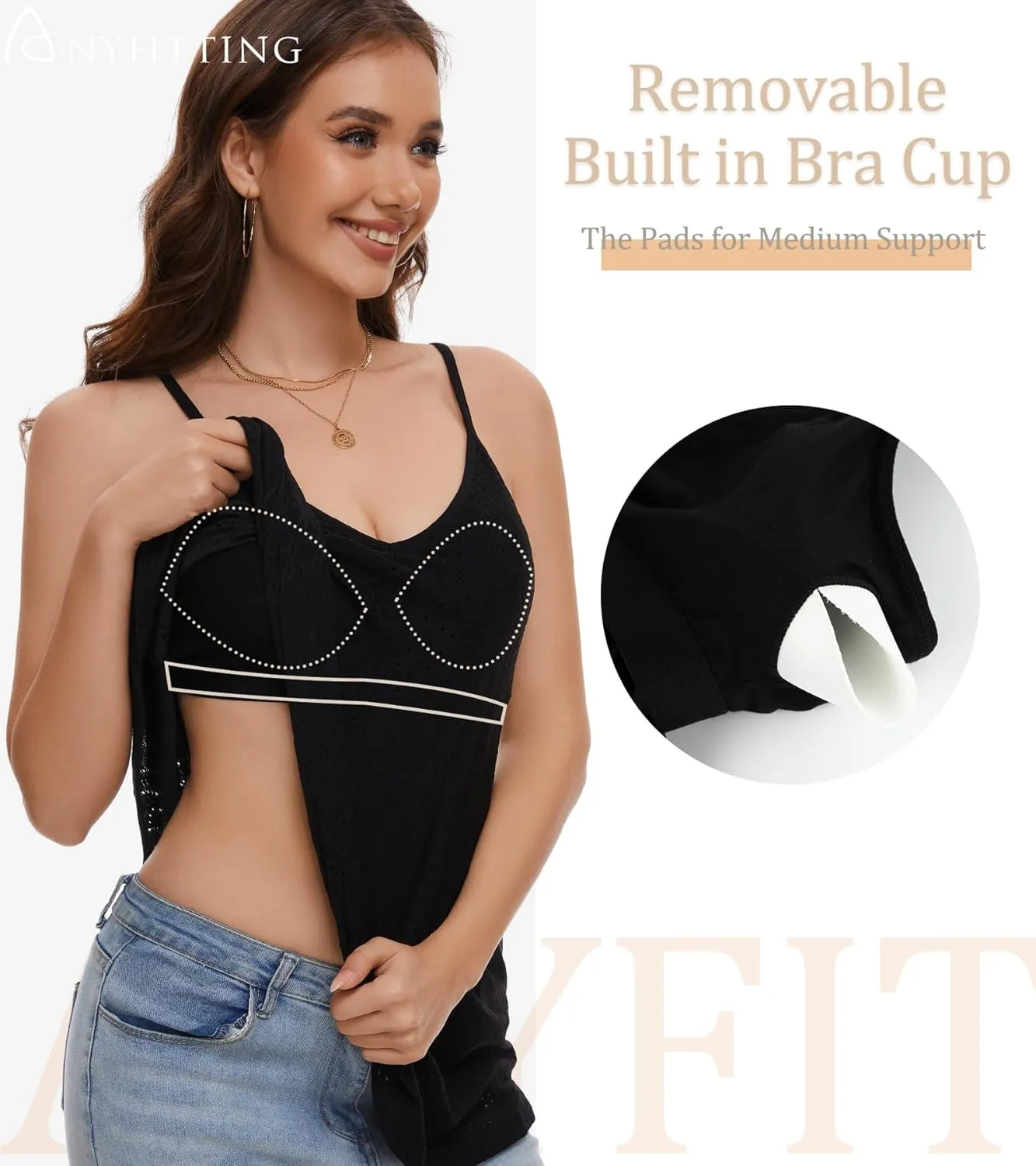 V Neck Strappy Tank Top with Removable Built in Bra Cup Summer Flowy Pleated Sleveless Shirt Adjsutbale Strap Blouse S-3XL