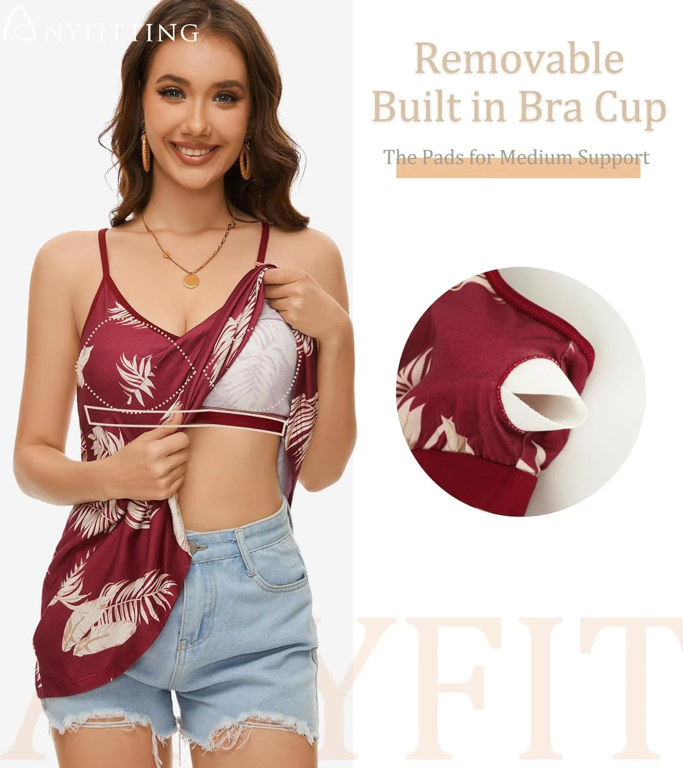 V Neck Strappy Tank Top with Removable Built in Bra Cup Summer Flowy Pleated Sleveless Shirt Adjsutbale Strap Blouse S-3XL