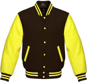 Varsity Jacket Baseball Letterman Bomber School Premium Wool Yellow Genuine leather sleeves