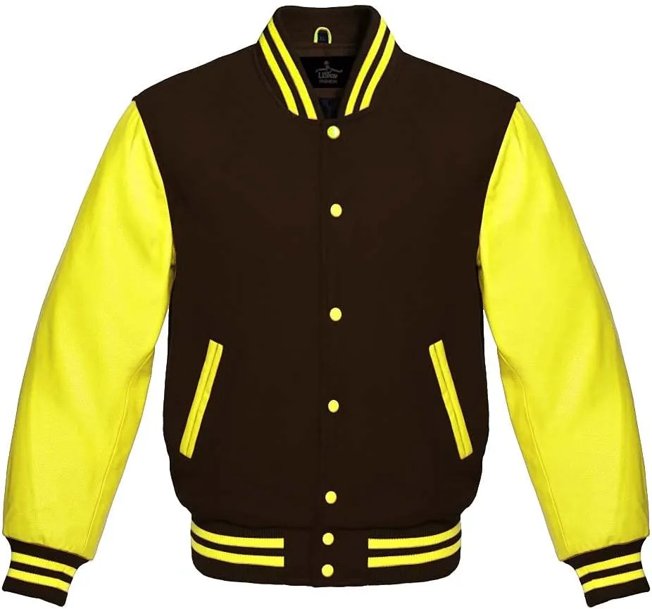 Varsity Jacket Baseball Letterman Bomber School Premium Wool Yellow Genuine leather sleeves