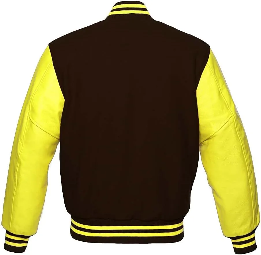 Varsity Jacket Baseball Letterman Bomber School Premium Wool Yellow Genuine leather sleeves