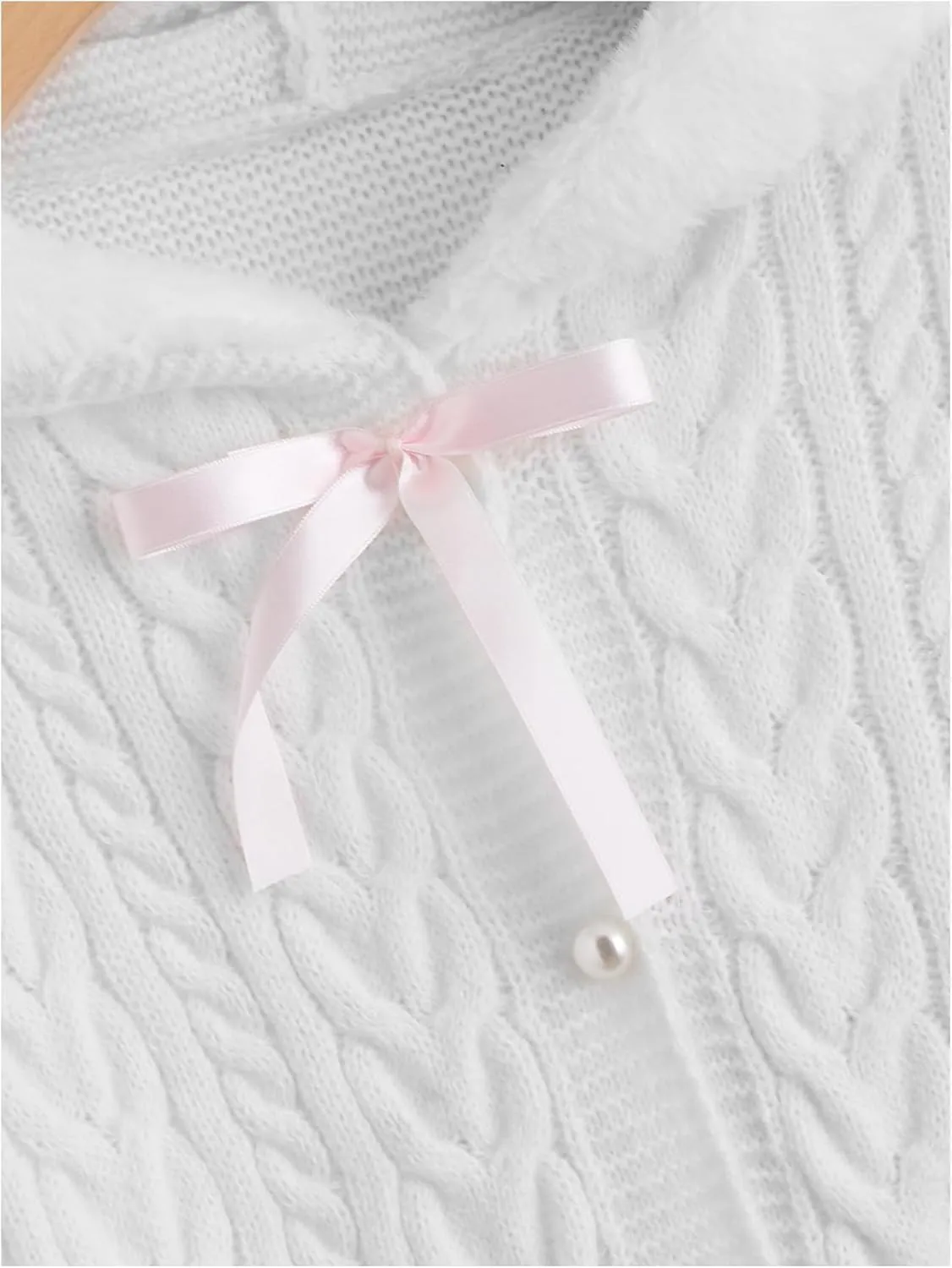 Verdusa Women's Bow Knot Button Front Cable Knit Hooded Cardigan Sweater Long Sleeve Outerwear