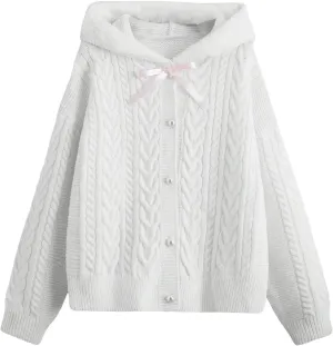 Verdusa Women's Bow Knot Button Front Cable Knit Hooded Cardigan Sweater Long Sleeve Outerwear