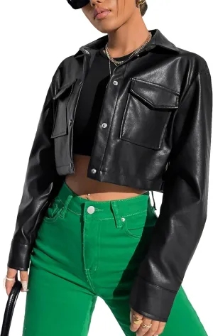 Verdusa Women's Button Up Long Sleeve PU Leather Crop Jacket Outerwear with Pockets