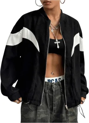 Verdusa Women's Color Block Zip Up Hooded Jacket Outerwear Loose Windbreaker Jackets