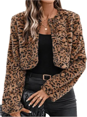 Verdusa Women's Faux Fur Cropped Jacket Solid Open Front Long Sleeve Outerwear Flannel Fuzzy Crop Coat