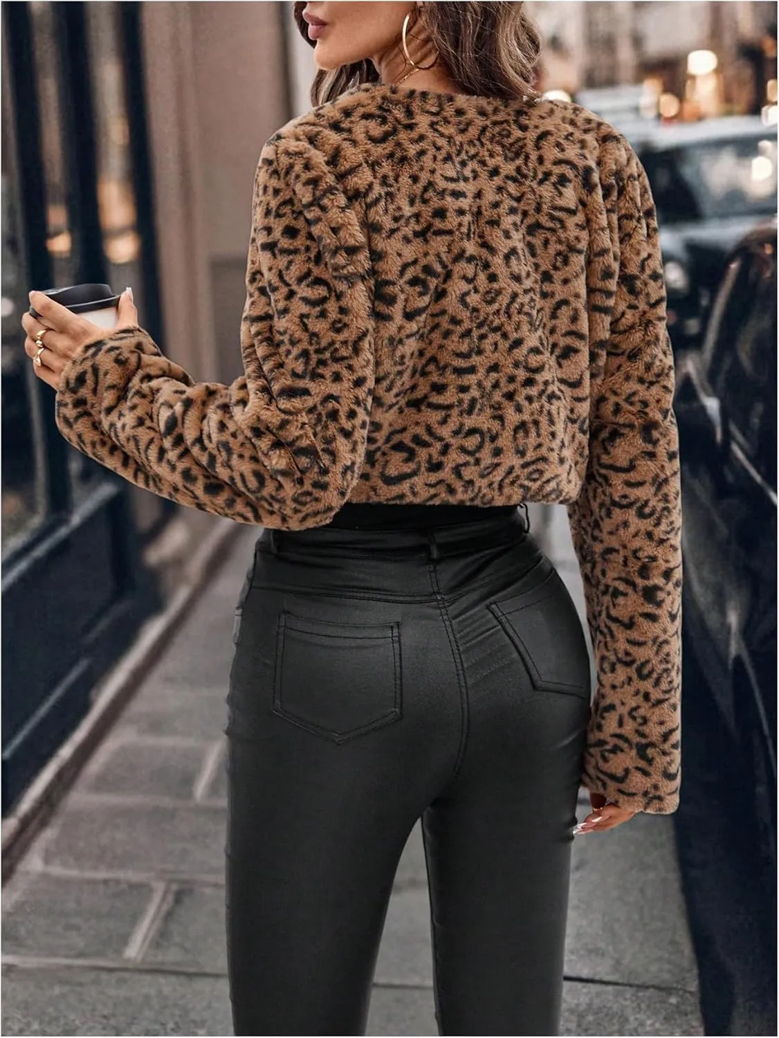 Verdusa Women's Faux Fur Cropped Jacket Solid Open Front Long Sleeve Outerwear Flannel Fuzzy Crop Coat