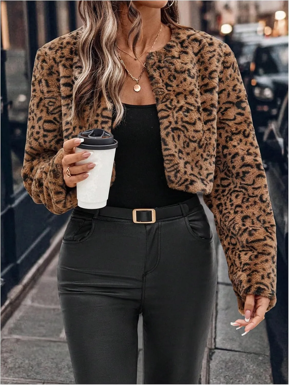 Verdusa Women's Faux Fur Cropped Jacket Solid Open Front Long Sleeve Outerwear Flannel Fuzzy Crop Coat