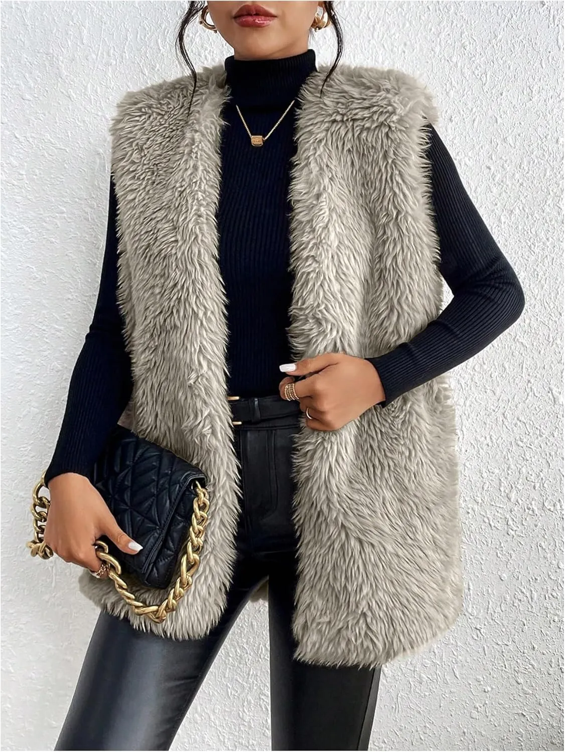 Verdusa Women's Fuzzy Faux Fur Sleeveless Vest Teddy Coats Open Front Plush Waistcoat Outerwear