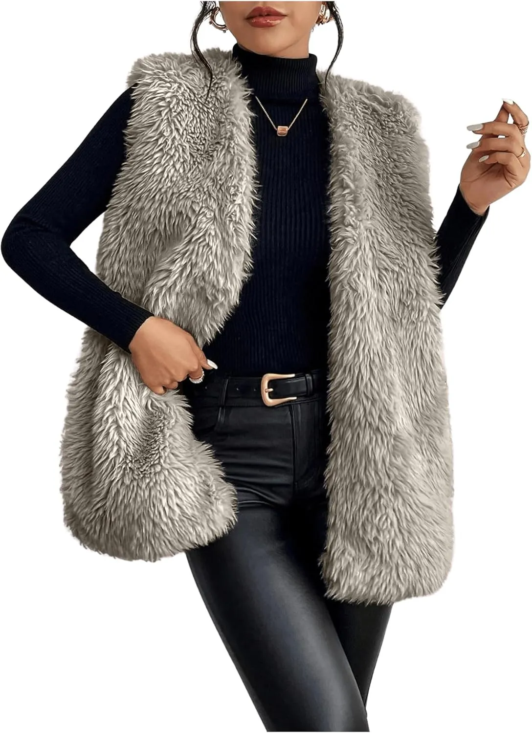 Verdusa Women's Fuzzy Faux Fur Sleeveless Vest Teddy Coats Open Front Plush Waistcoat Outerwear