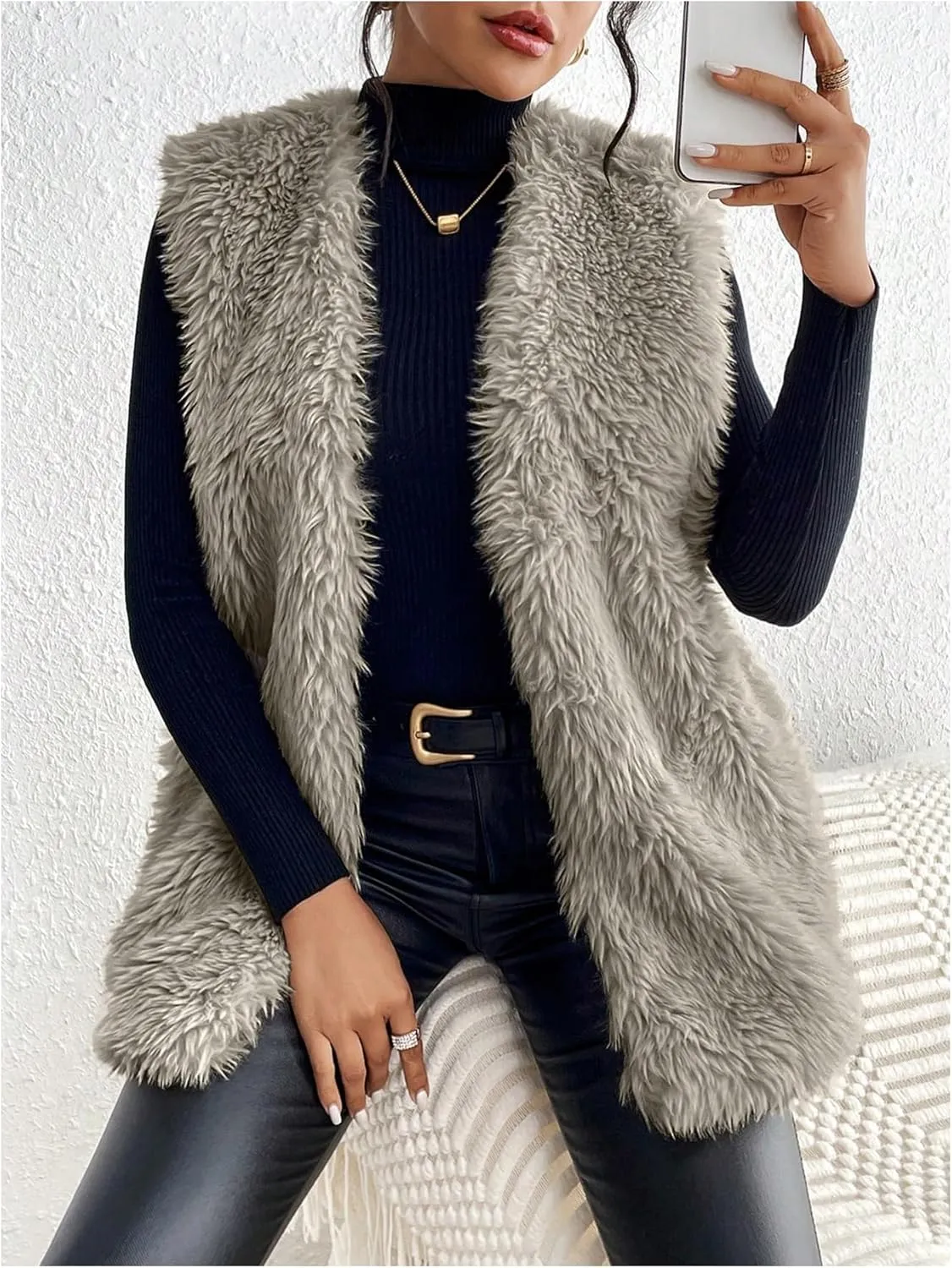 Verdusa Women's Fuzzy Faux Fur Sleeveless Vest Teddy Coats Open Front Plush Waistcoat Outerwear