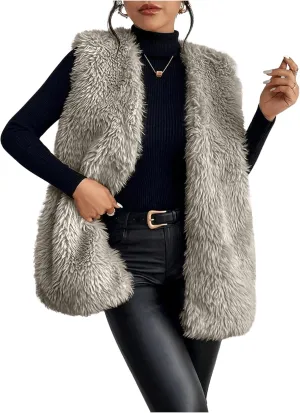 Verdusa Women's Fuzzy Faux Fur Sleeveless Vest Teddy Coats Open Front Plush Waistcoat Outerwear