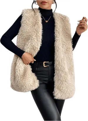 Verdusa Women's Fuzzy Faux Fur Sleeveless Vest Teddy Coats Open Front Plush Waistcoat Outerwear