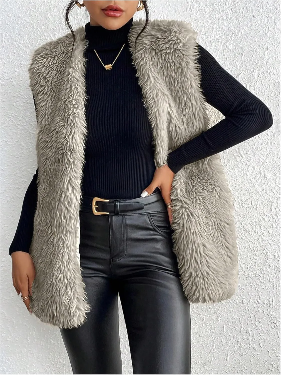 Verdusa Women's Fuzzy Faux Fur Sleeveless Vest Teddy Coats Open Front Plush Waistcoat Outerwear