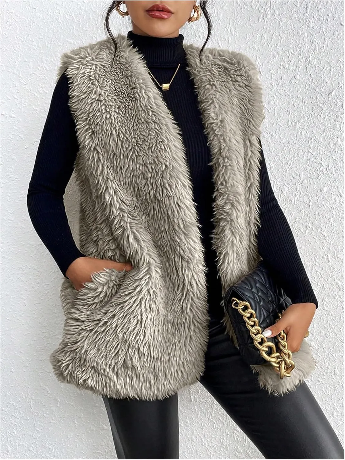 Verdusa Women's Fuzzy Faux Fur Sleeveless Vest Teddy Coats Open Front Plush Waistcoat Outerwear