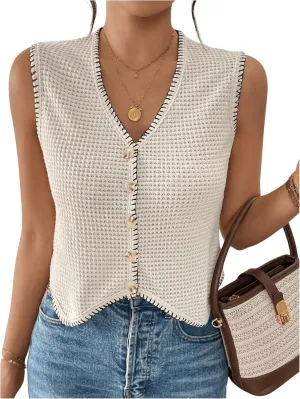 Verdusa Women's Old Money Button Front Vest Contrast Trim V Neck Textured Asymmetrical Waistcoat