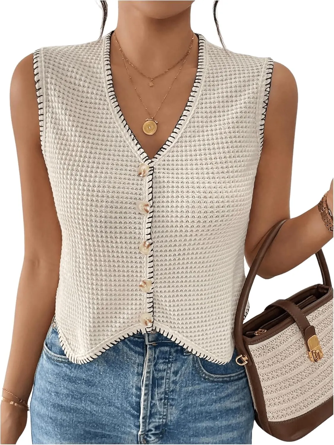 Verdusa Women's Old Money Button Front Vest Contrast Trim V Neck Textured Asymmetrical Waistcoat
