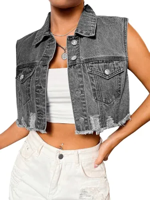 Verdusa Women's Ripped Raw Hem Sleeveless Button Up Crop Denim Vest Jean Outerwear