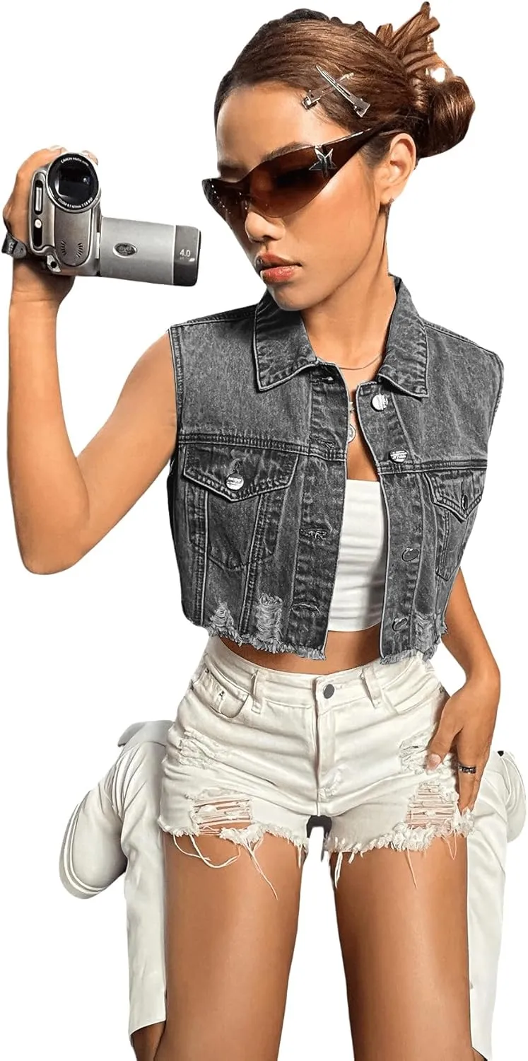Verdusa Women's Ripped Raw Hem Sleeveless Button Up Crop Denim Vest Jean Outerwear