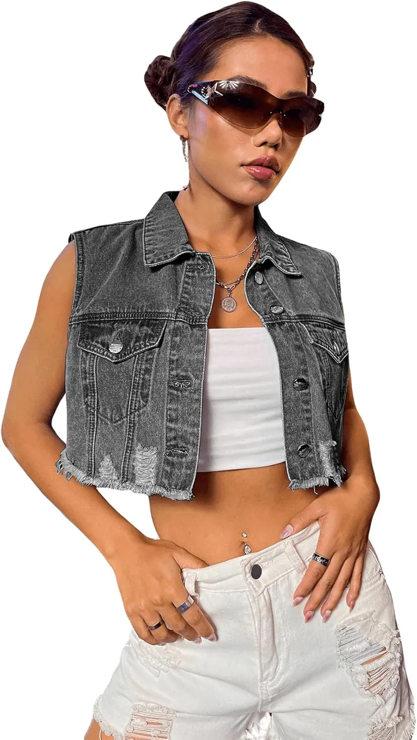 Verdusa Women's Ripped Raw Hem Sleeveless Button Up Crop Denim Vest Jean Outerwear