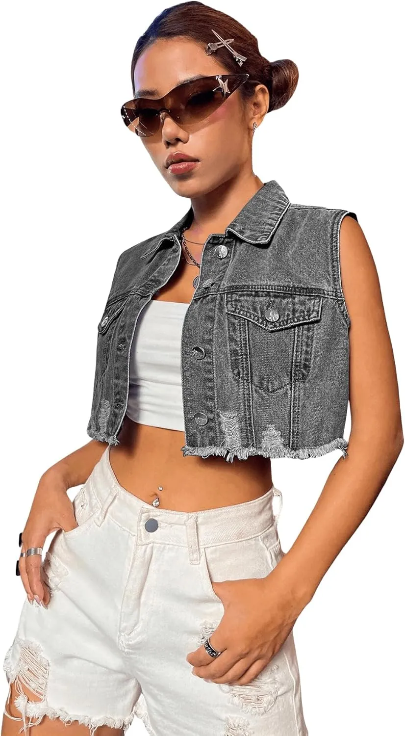 Verdusa Women's Ripped Raw Hem Sleeveless Button Up Crop Denim Vest Jean Outerwear