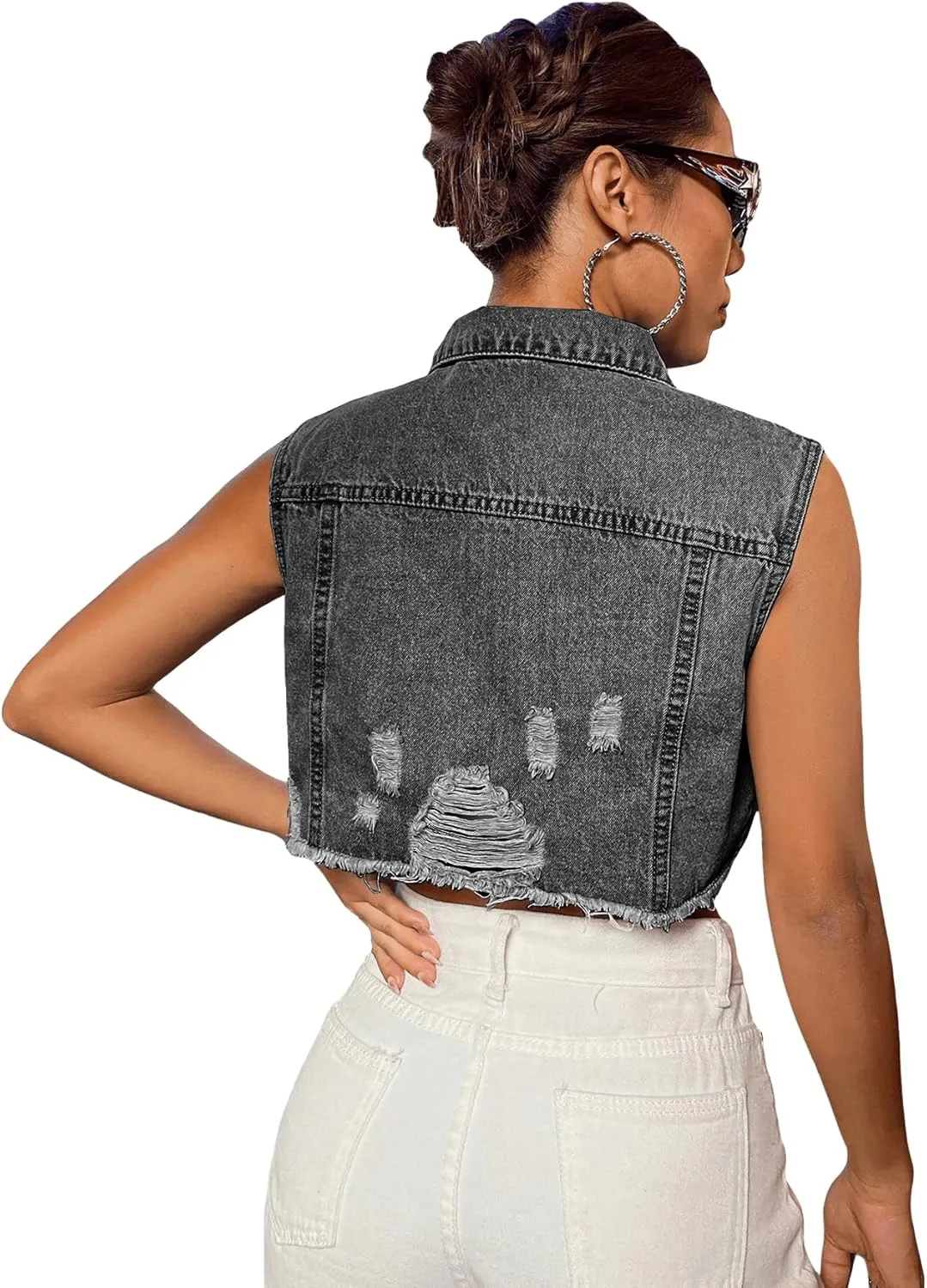 Verdusa Women's Ripped Raw Hem Sleeveless Button Up Crop Denim Vest Jean Outerwear