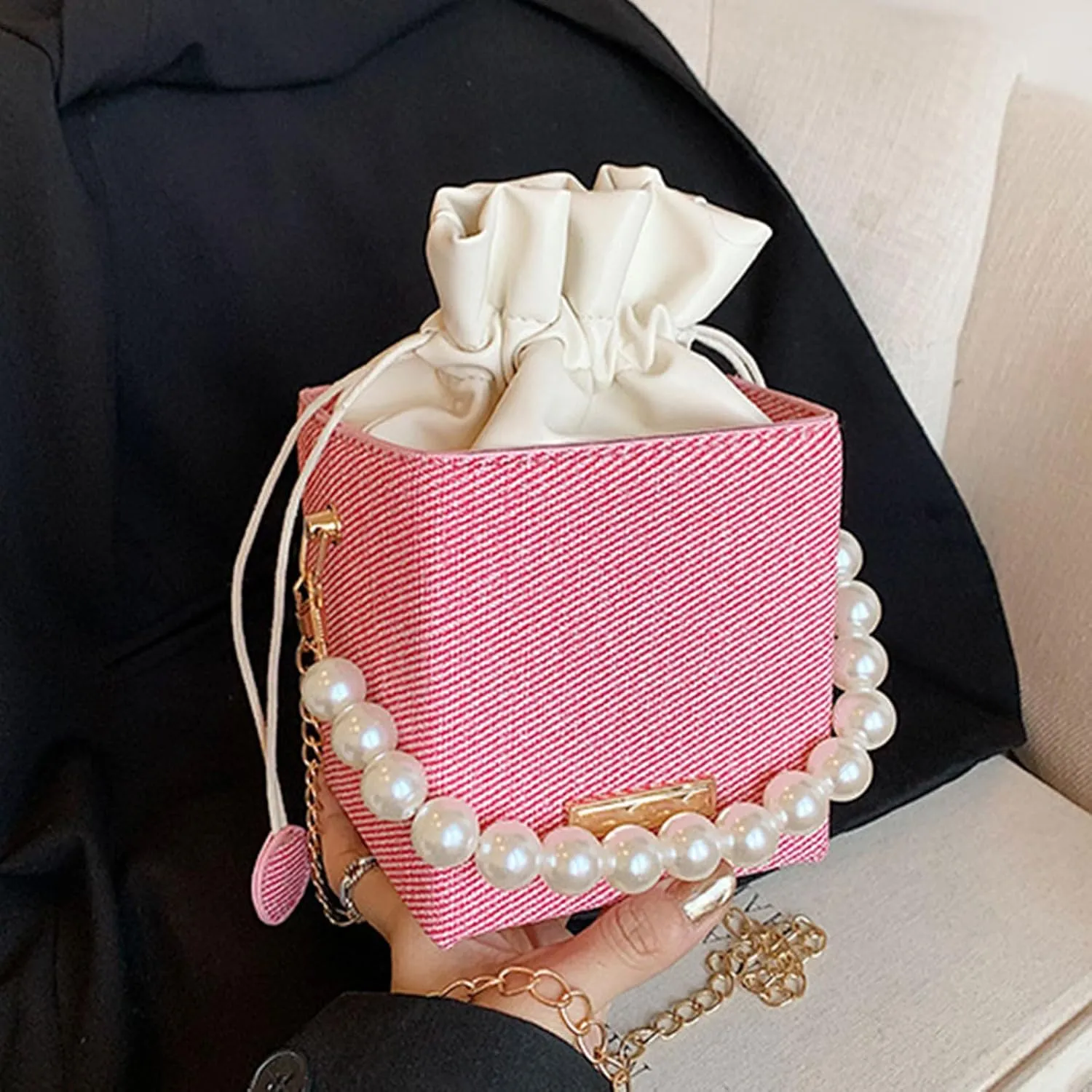 Versatile Bucket Bag for Women Shoulder Bags with Detachable Chain Strap Evening Purse Top Handle Bag Handbag