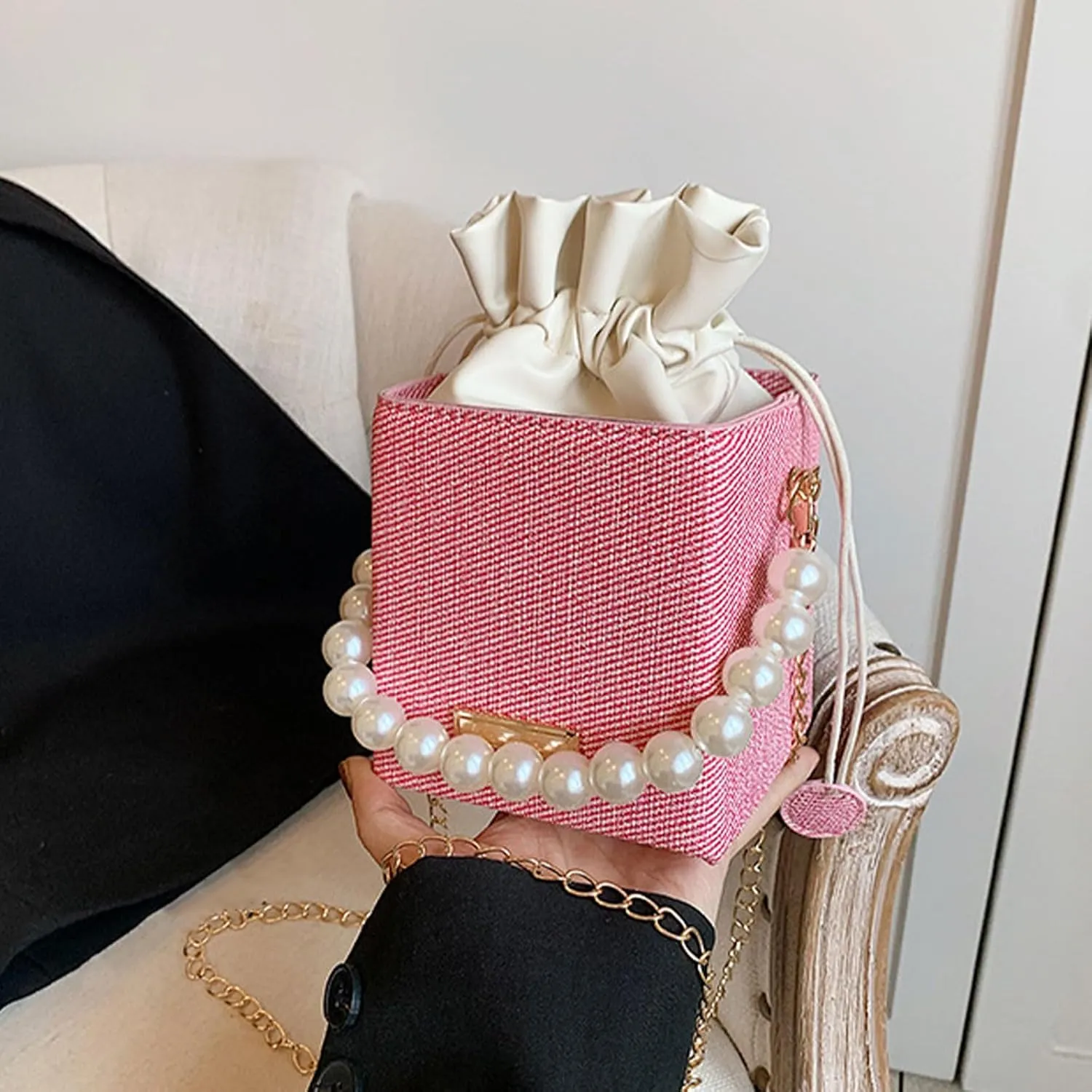 Versatile Bucket Bag for Women Shoulder Bags with Detachable Chain Strap Evening Purse Top Handle Bag Handbag