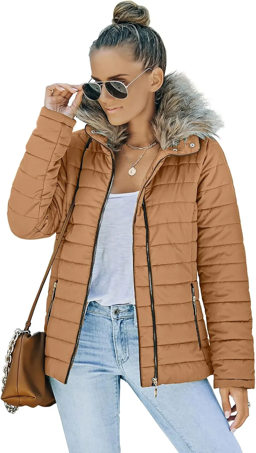Vetinee Women Casual Faux Fur Lapel Zip Pockets Quilted Parka Jacket Puffer Coat