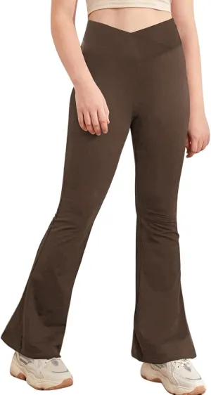 viehunt Girls Crossover High Waisted Flare Leggings Bootcut Solid Full Length Cute Yoga Pants