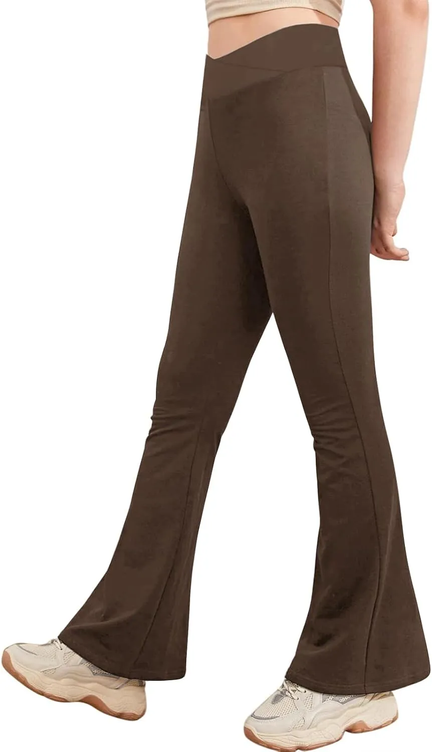 viehunt Girls Crossover High Waisted Flare Leggings Bootcut Solid Full Length Cute Yoga Pants