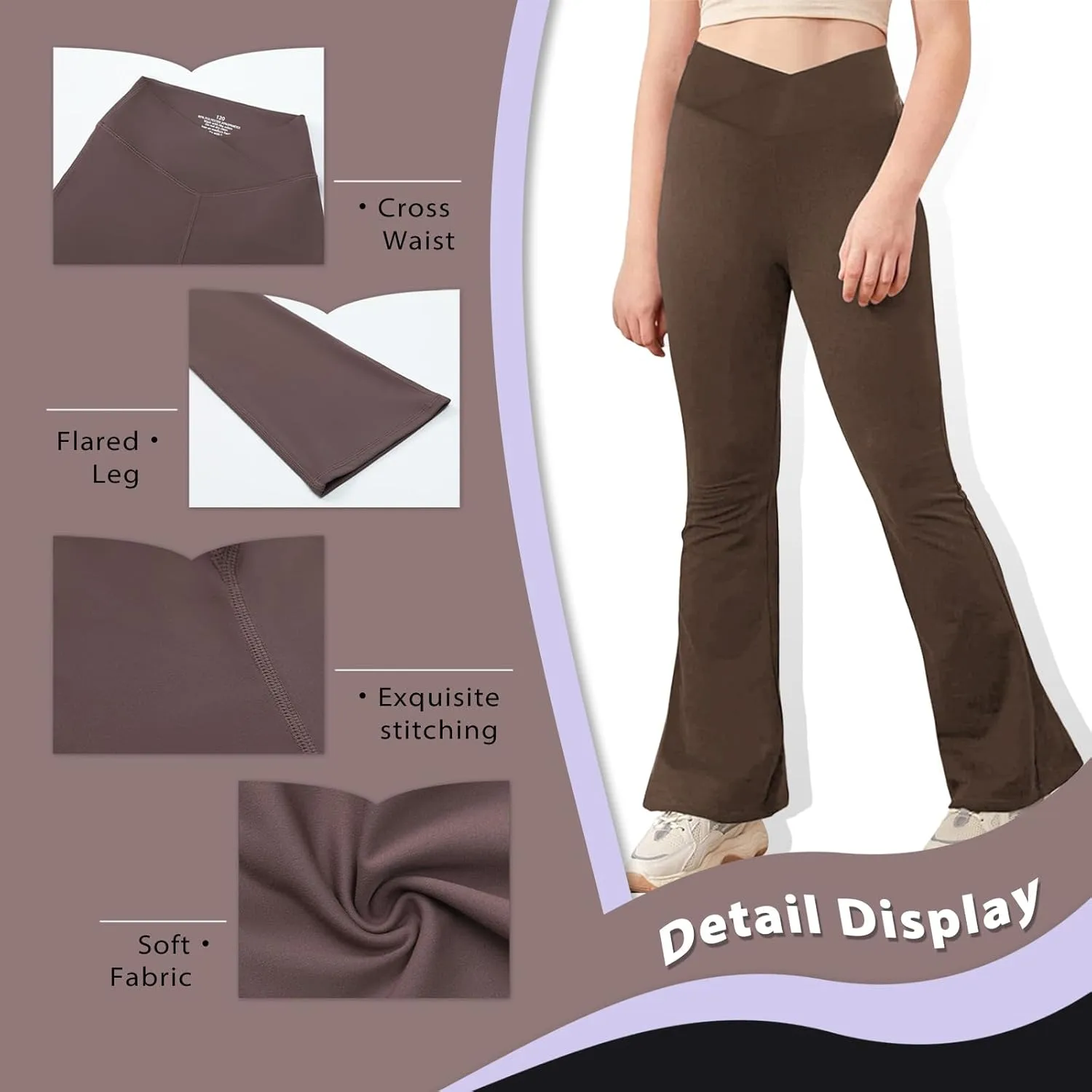 viehunt Girls Crossover High Waisted Flare Leggings Bootcut Solid Full Length Cute Yoga Pants