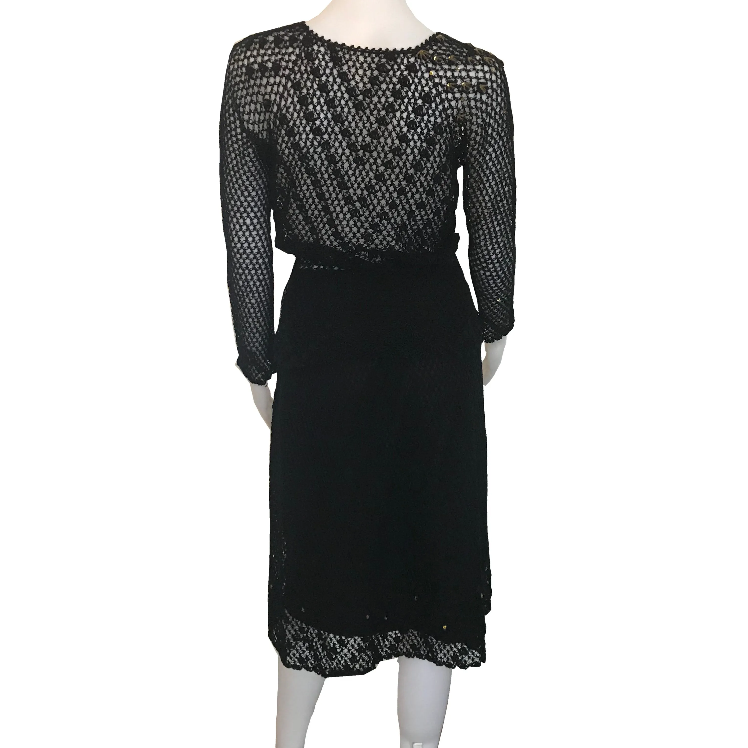 Vintage 1970s Black Crochet Sweater & Skirt Set