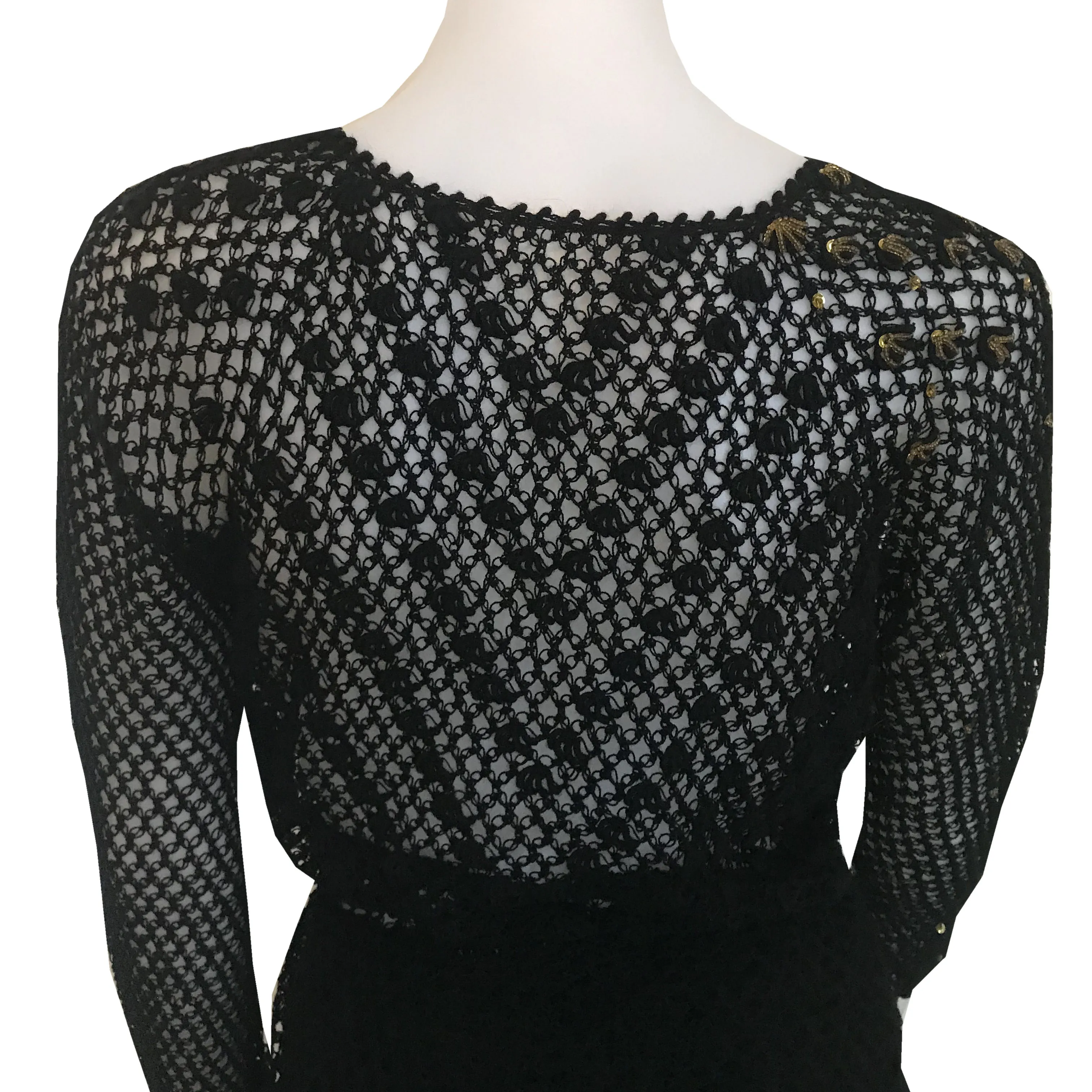 Vintage 1970s Black Crochet Sweater & Skirt Set