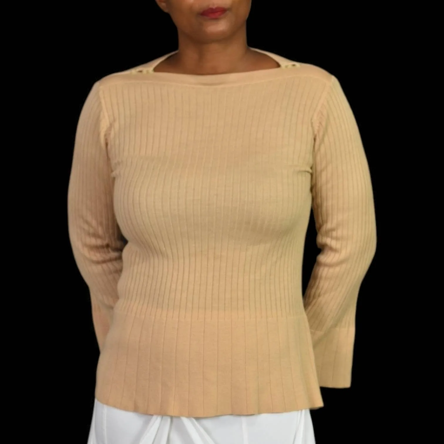 Vintage Daddys Money Ribbed Sweater Tan Camel Bell Sleeve Boat Neck Knit Size Medium