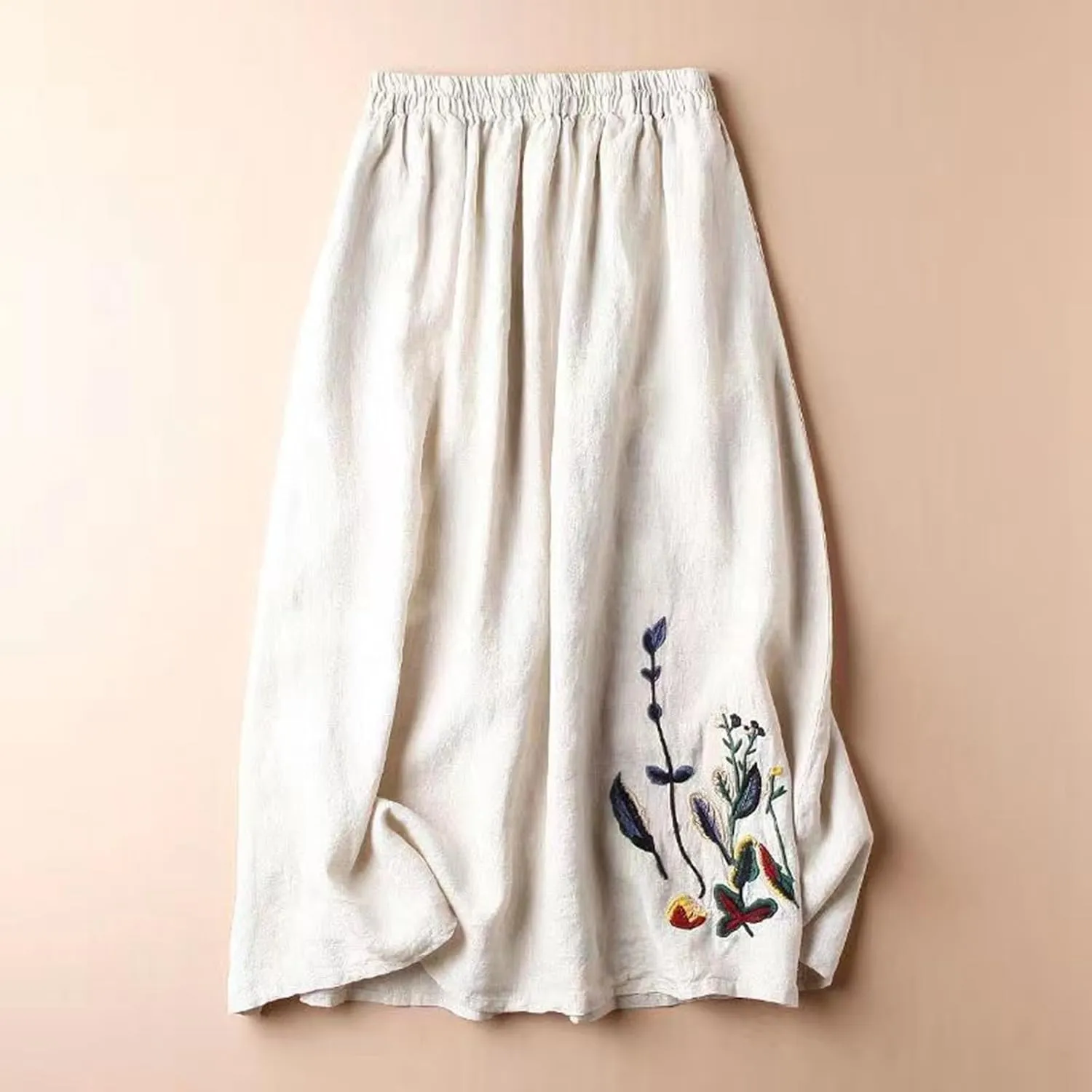 Vintage Floral Embroidered Cotton Linen Skirt for Women A Line Midi Skirt Slimming Versatile Flared Skirt See
