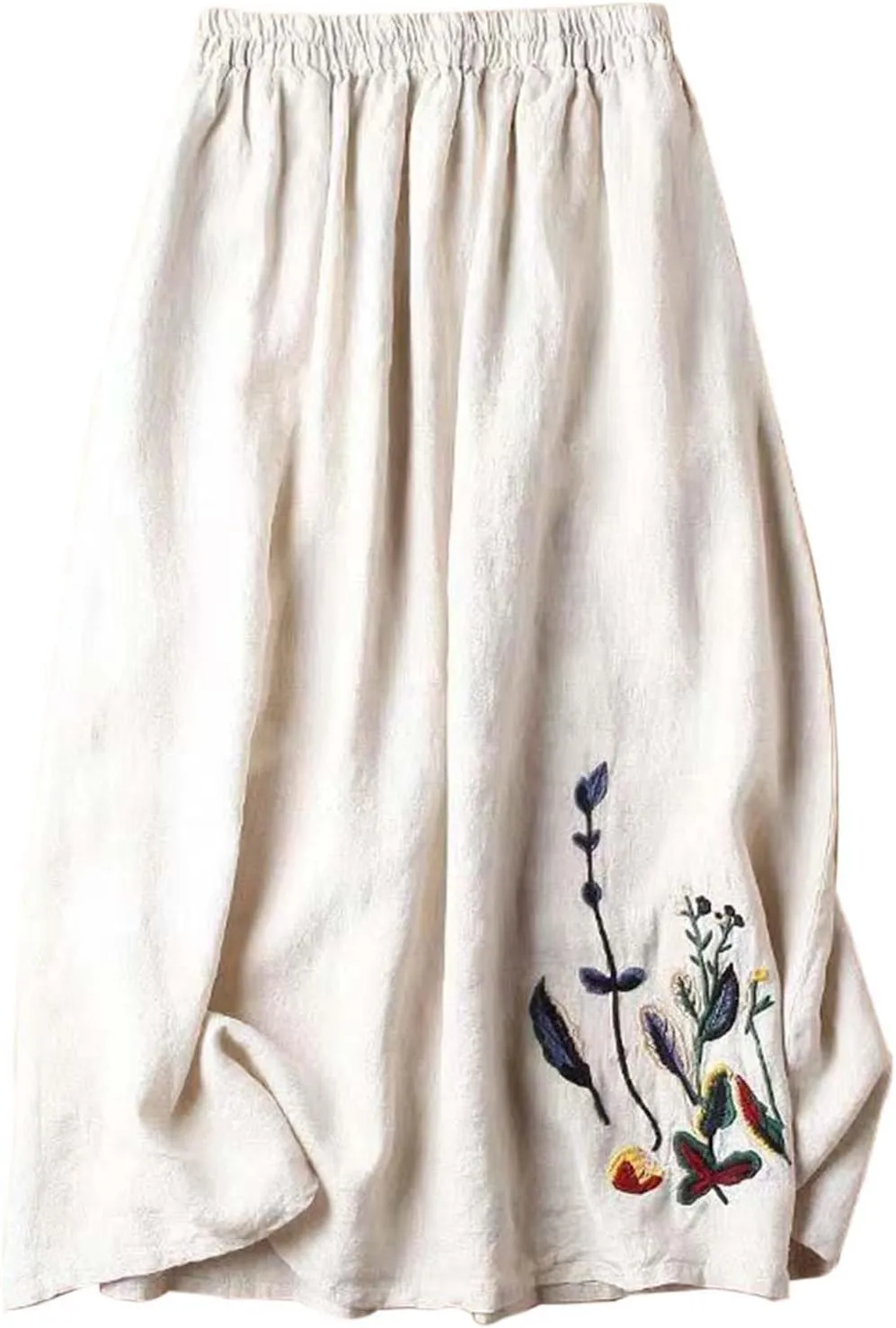 Vintage Floral Embroidered Cotton Linen Skirt for Women A Line Midi Skirt Slimming Versatile Flared Skirt See