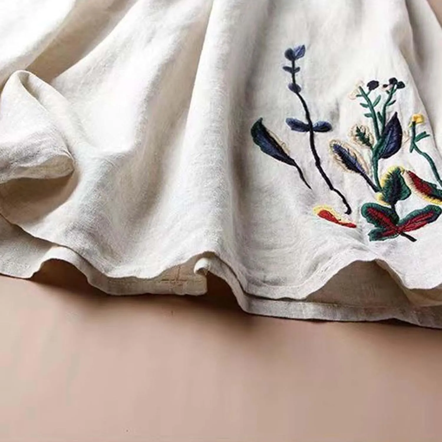 Vintage Floral Embroidered Cotton Linen Skirt for Women A Line Midi Skirt Slimming Versatile Flared Skirt See