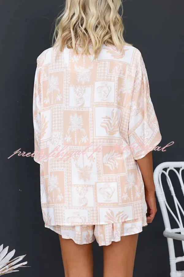 Viva La Travel Unique Print Loose Button Shirt and Elastic Waist Shorts Set