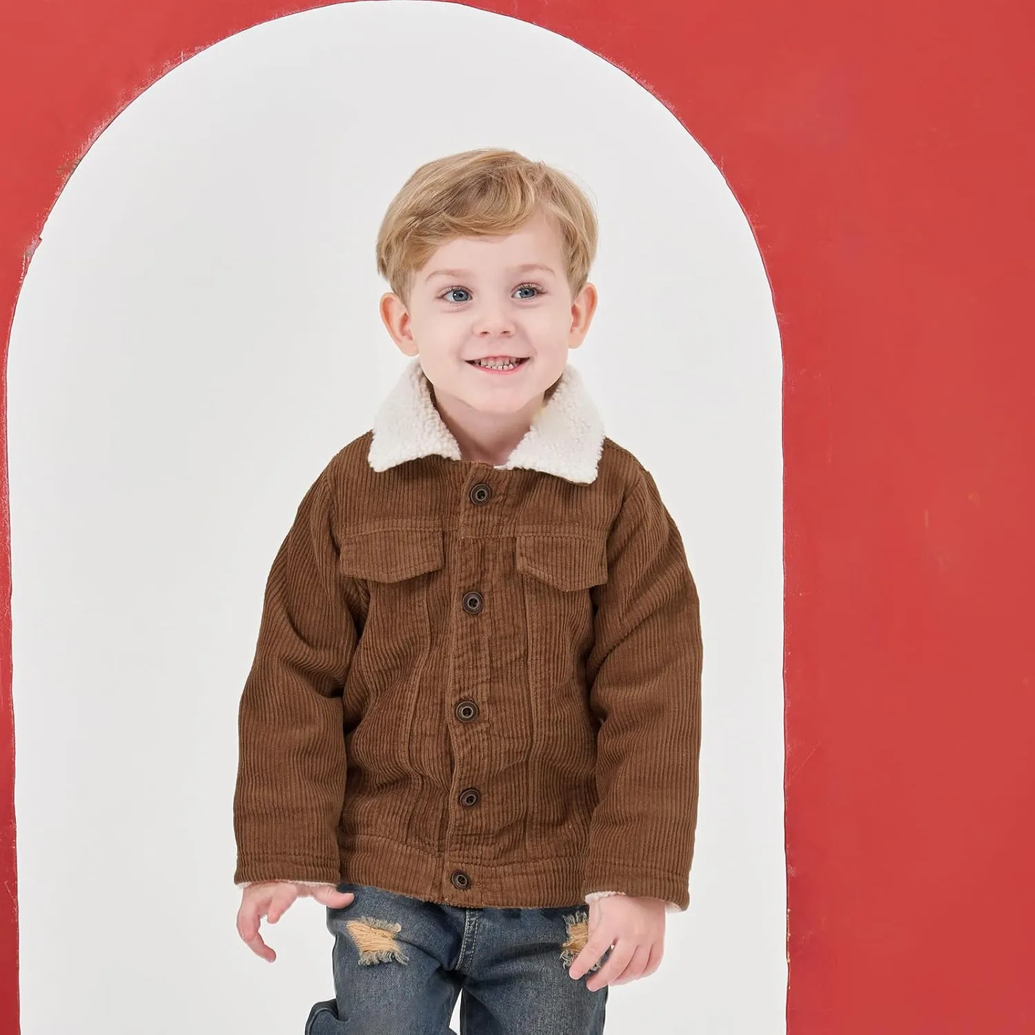 Volunboy Baby Boy Corduroy Jacket Toddler Fleece Winter Coat Kid Sherpa Lined Button Down Warm Outwear