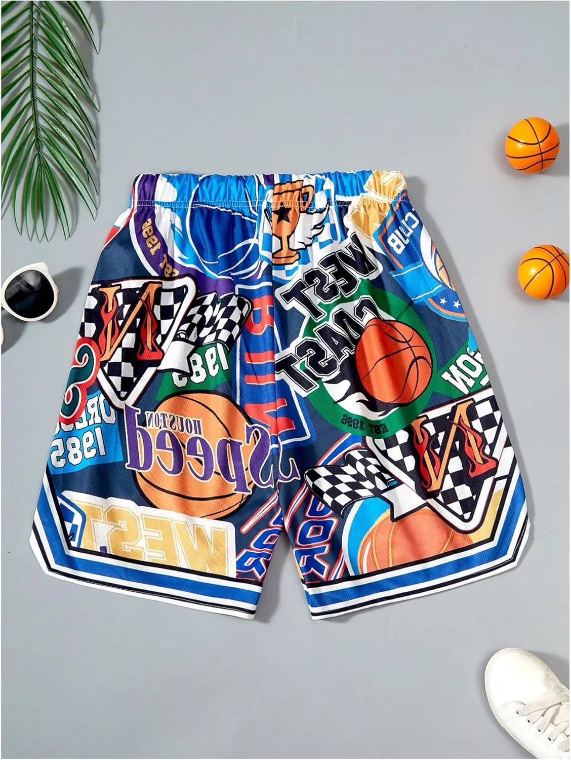 WDIRARA Boy's Letter Graphic Basketball Shorts Elastic Waist Athletic Gym Shorts